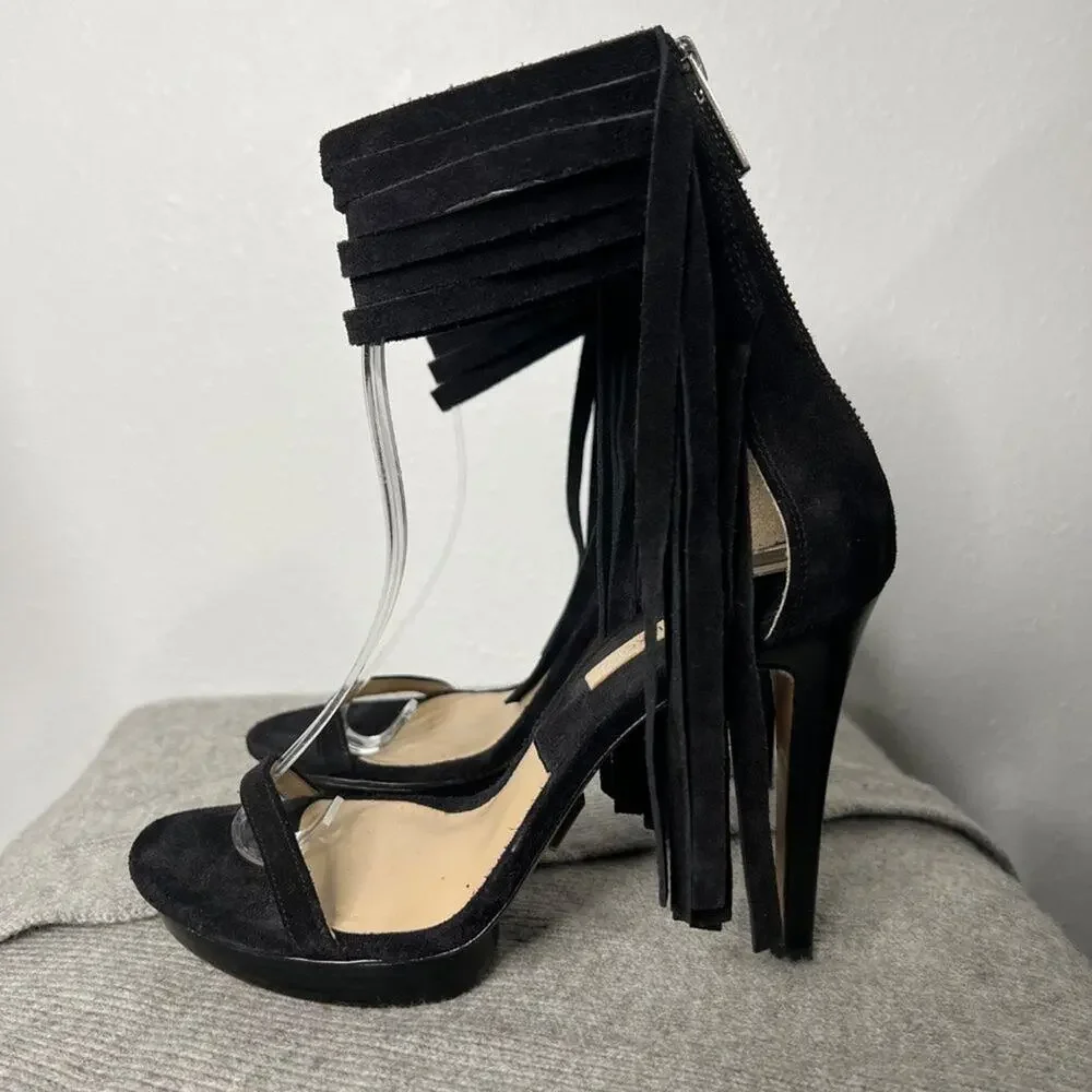 MICHAEL Kors Daphne Fringe Heels Black Suede Size 38